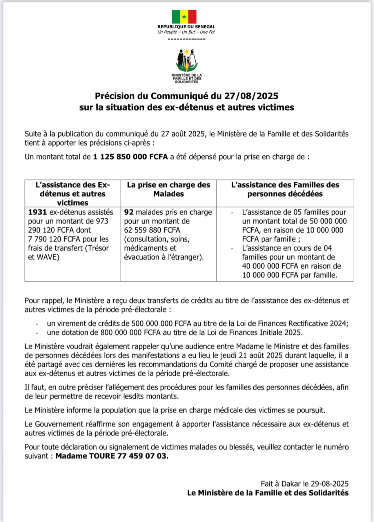 Paiement aux familles des victimes : le ministère détaille la répartition et les frais de transfert