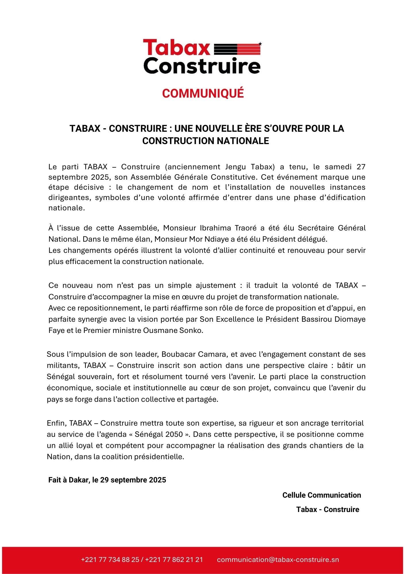 Tabax – Construire : Nouveau nom, nouvelles ambitions pour le parti politique