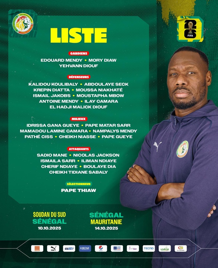 Mondial 2026 – Sénégal : Pape Thiaw dévoile sa liste contre le Soudan du Sud et la MauritanieMondial 2026 – Sénégal : Pape Thiaw dévoile sa liste contre le Soudan du Sud et la Mauritanie