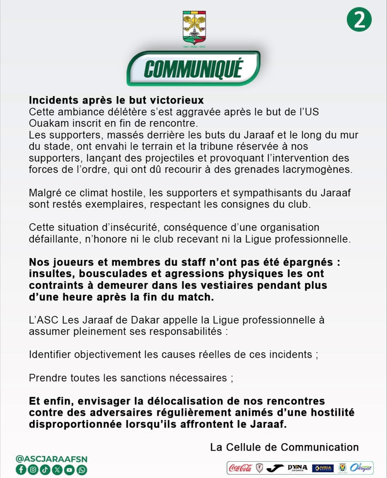 Incidents à Ngor : le Jaraaf dénonce et interpelle la Ligue