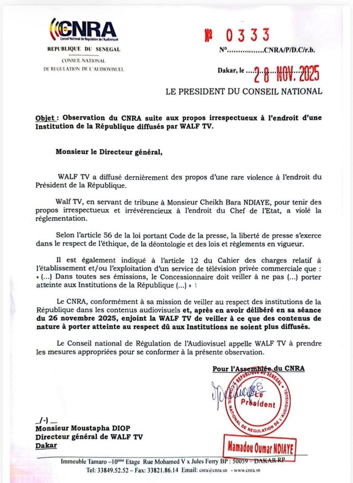 CNRA met en demeure WALF TV pour propos jugés irrespectueux envers le Président
