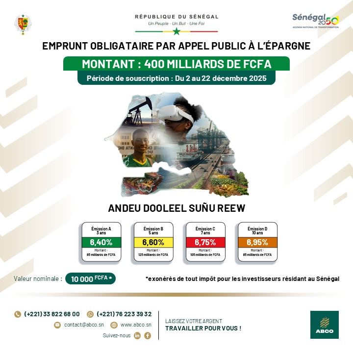 Le Sénégal émet un nouvel emprunt obligataire de 400 milliards FCFA pour appuyer le Plan Sénégal 2050