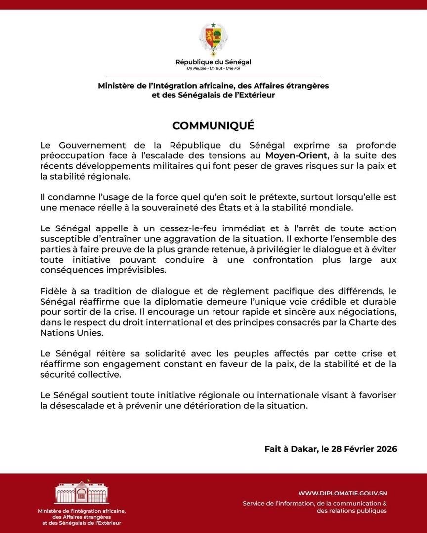 Tensions au Moyen-Orient : le Sénégal appelle à la désescalade