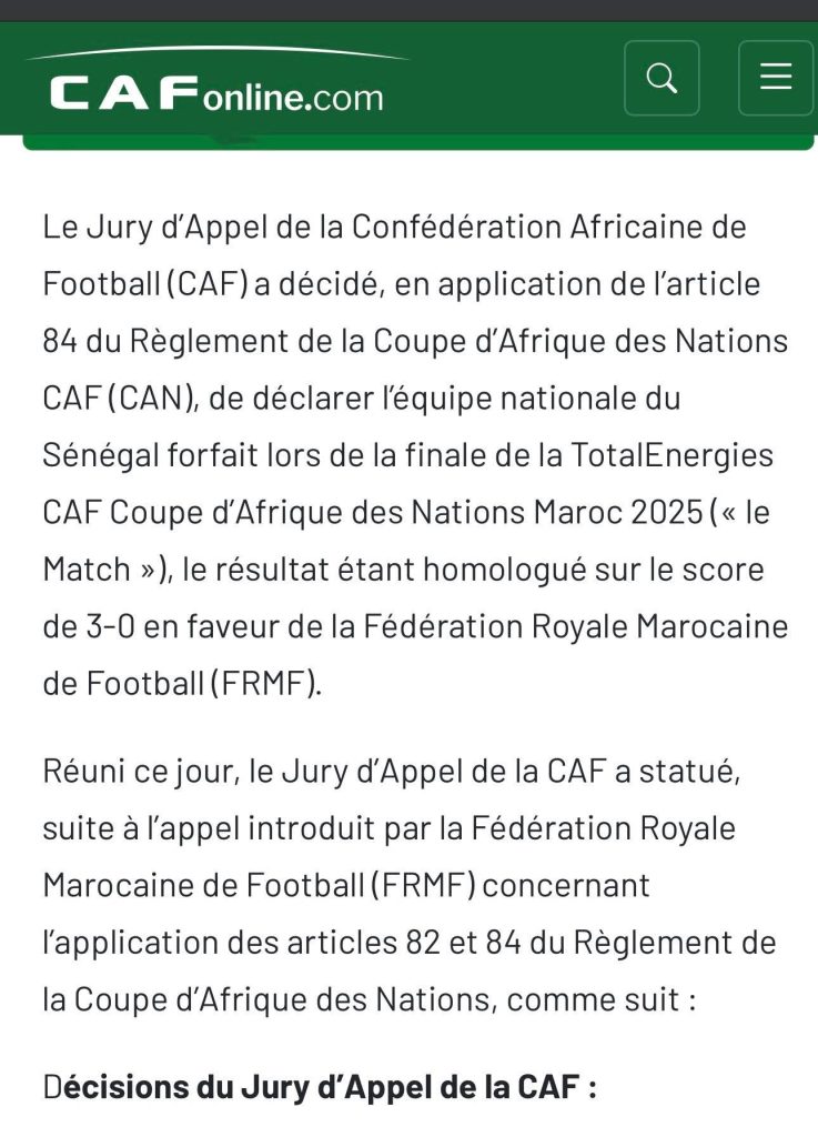 CAN 2025 : le jury d’appel de la CAF annule la victoire du Sénégal et sacre le Maroc (3-0)