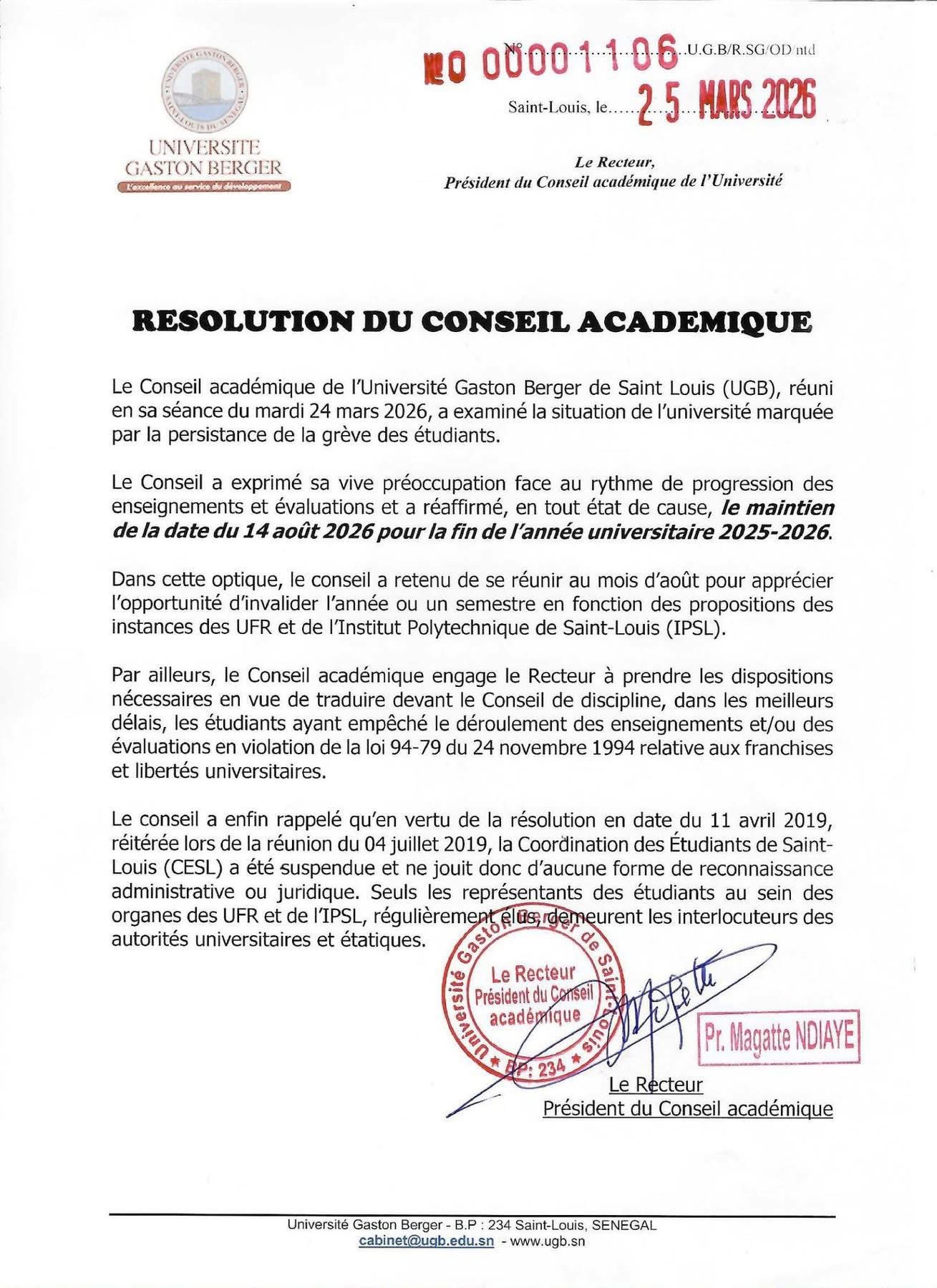 Crise universitaire à l’UGB : maintien du calendrier et menace d’invalidation de l’année