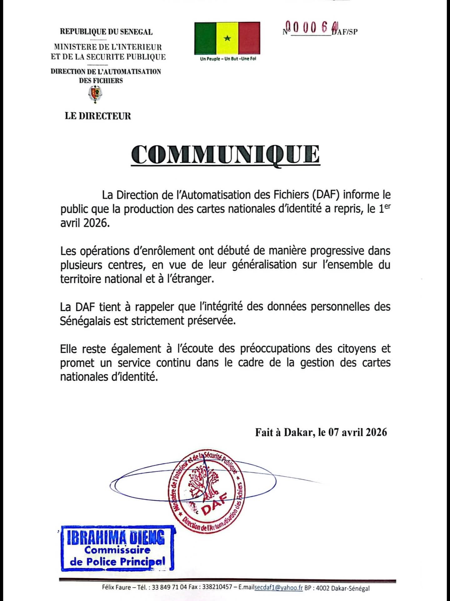 Sénégal : reprise de la production des cartes nationales d’identité