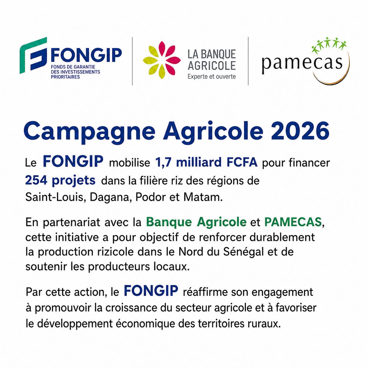 Le FONGIP passe à l’action pour la campagne agricole 2026 : 1,7 milliard FCFA pour booster la riziculture dans le Nord