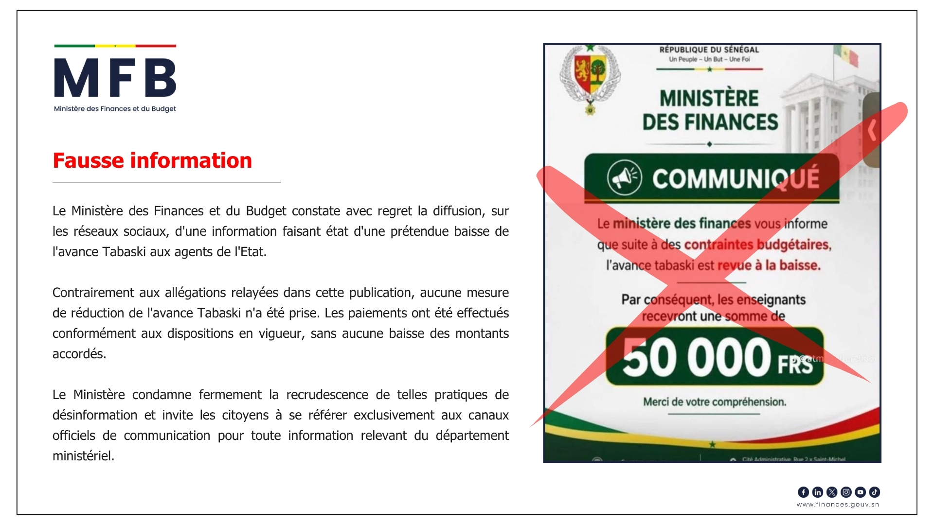 Fact-checking : Le Ministère des Finances et du Budget dément formellement une baisse de l'avance Tabaski