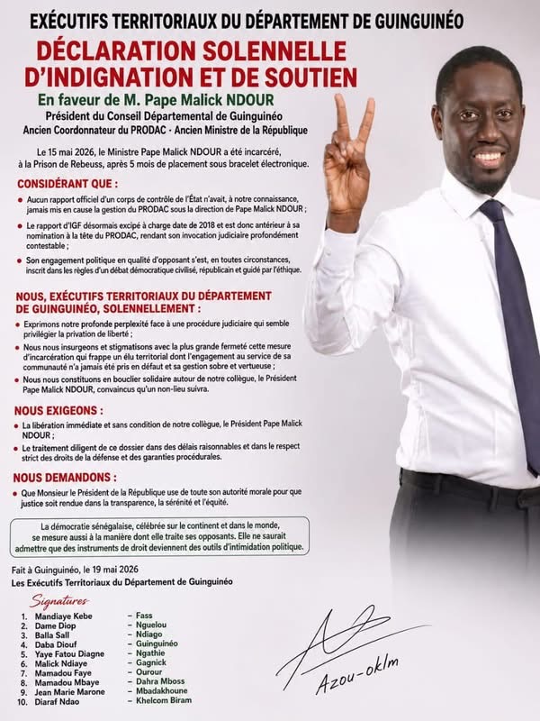 Affaire Prodac : Des exécutifs territoriaux de Guiguinéo dénoncent l’incarcération de Pape Malick Ndour