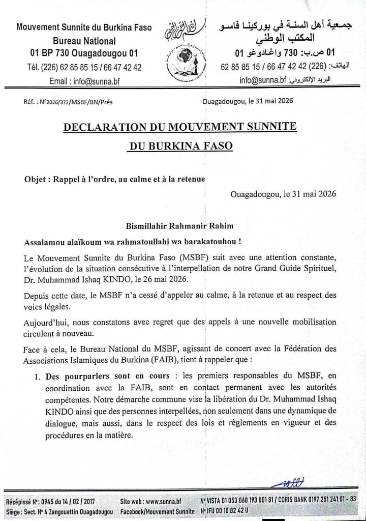 Interpellation du Dr Kindo : Le Mouvement sunnite du Burkina Faso appelle au calme et interdit les manifestations non autorisées