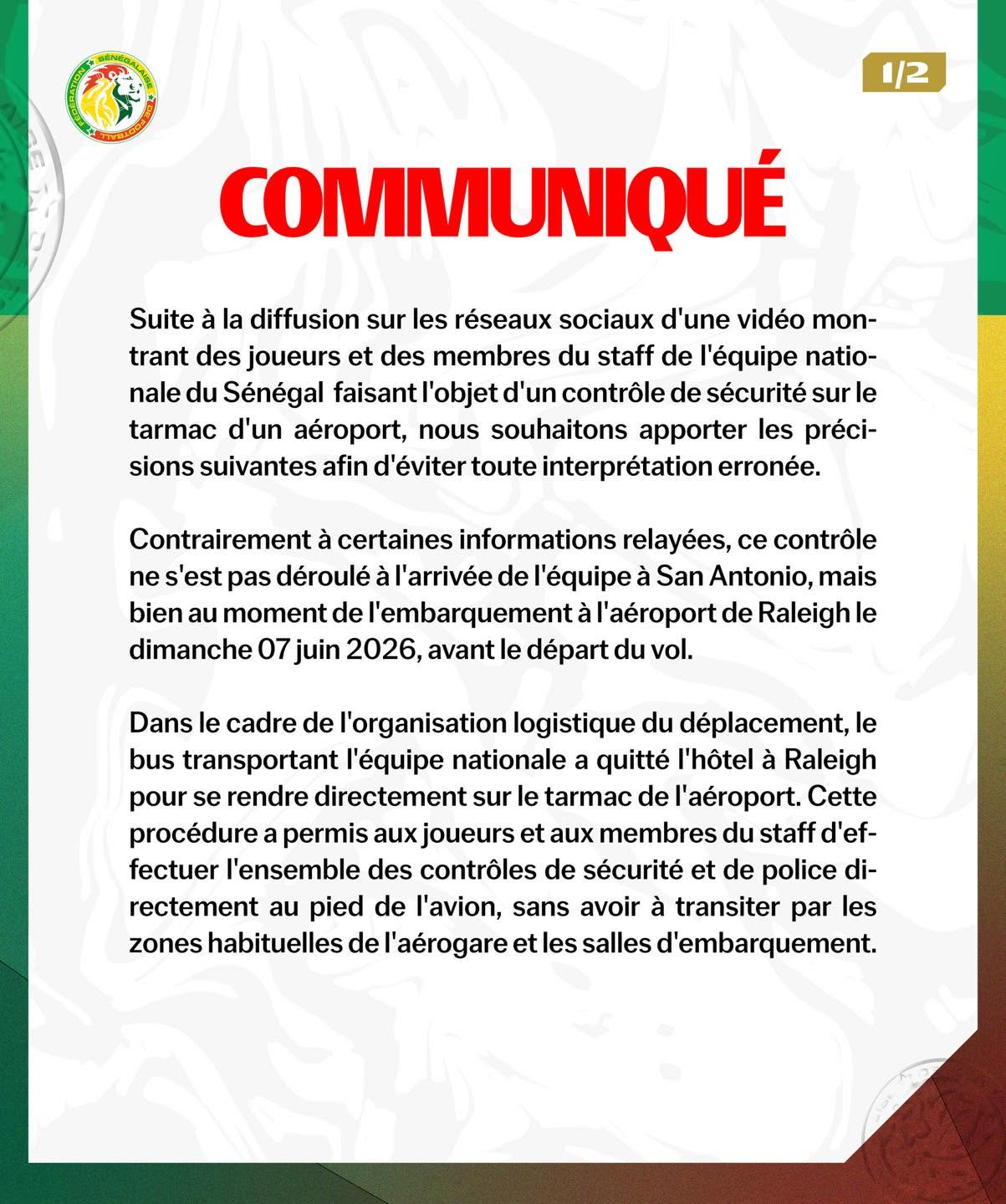 Communiqué FSF: Clarification relative à la procédure de contrôle de sécurité lors du déplacement de la délégation sénégalaise entre Raleigh et San Antonio