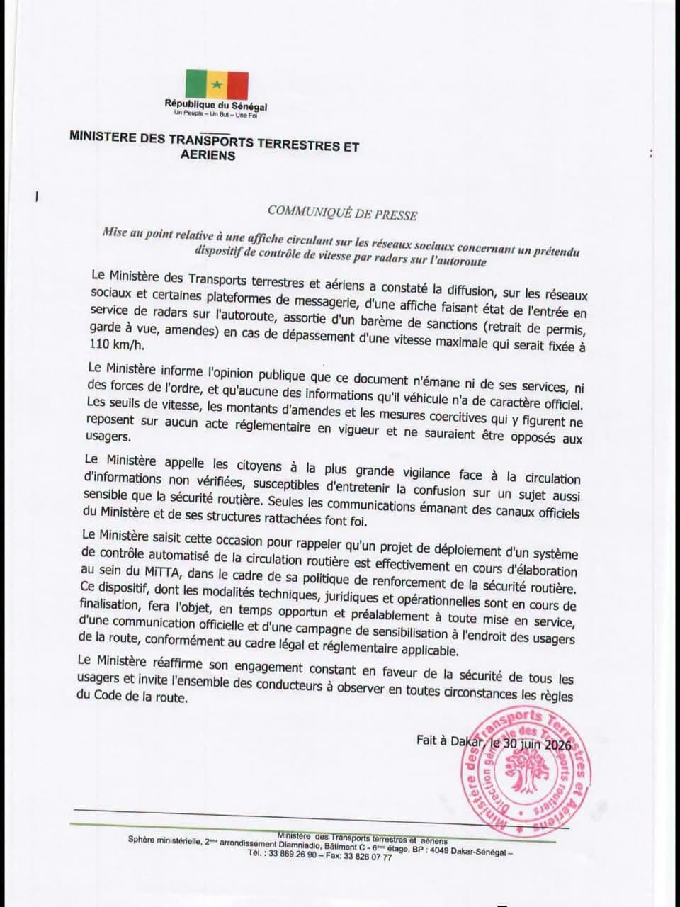 Sécurité routière au Sénégal: Le Ministère dément l’existence de nouveaux radars et de sanctions sur l’autoroute