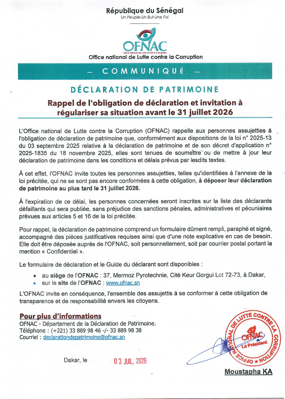 Transparence publique: L’OFNAC fixe un ultimatum au 31 juillet pour les déclarations de patrimoine