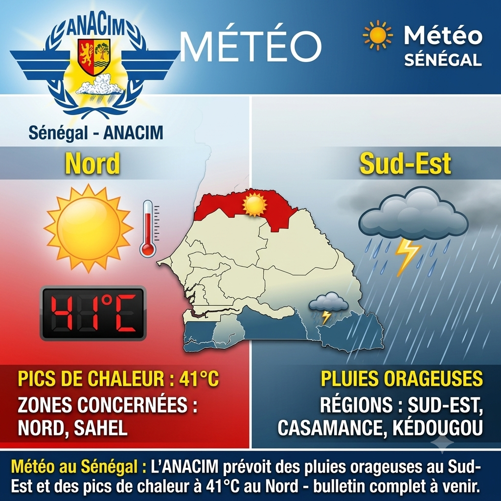 Météo au Sénégal : L'ANACIM prévoit des pluies orageuses au Sud-Est et des pics de chaleur à 41°C au Nord
