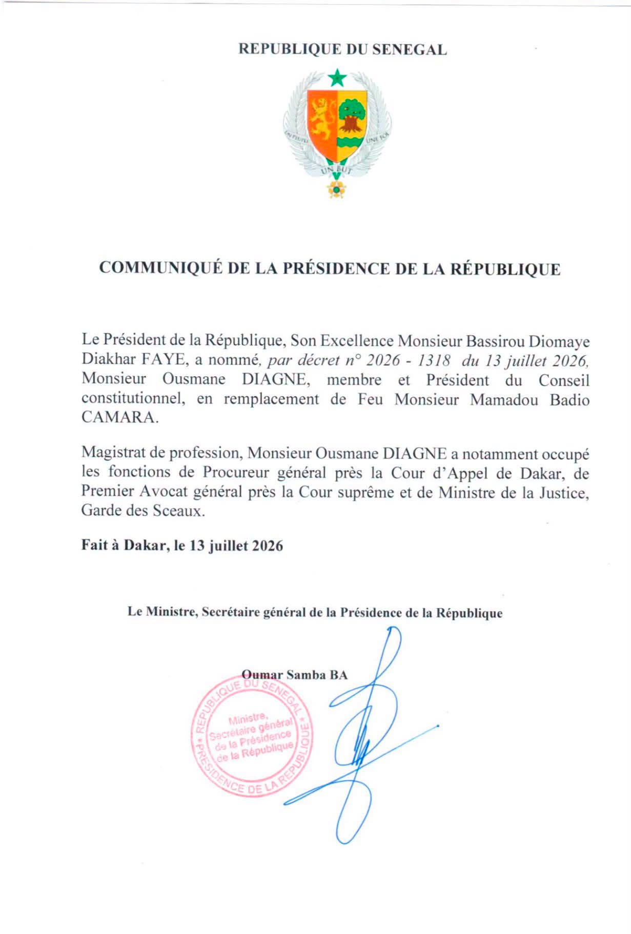 Bassirou Diomaye Faye a nommé Ousmane Diagne président du Conseil constitutionnel en remplacement de Mamadou Badio Camara, décédé