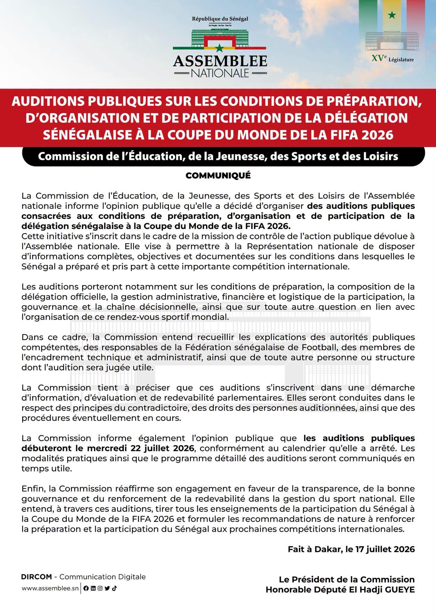 Gestion du sport national: L'Assemblée nationale annonce des auditions publiques sur la participation du Sénégal au Mondial 2026