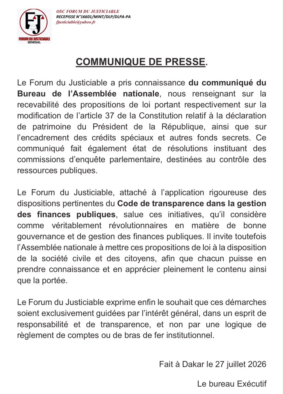 Transparence budgétaire et bonne gouvernance: Le Forum du Justiciable salue les initiatives de l’Assemblée nationale