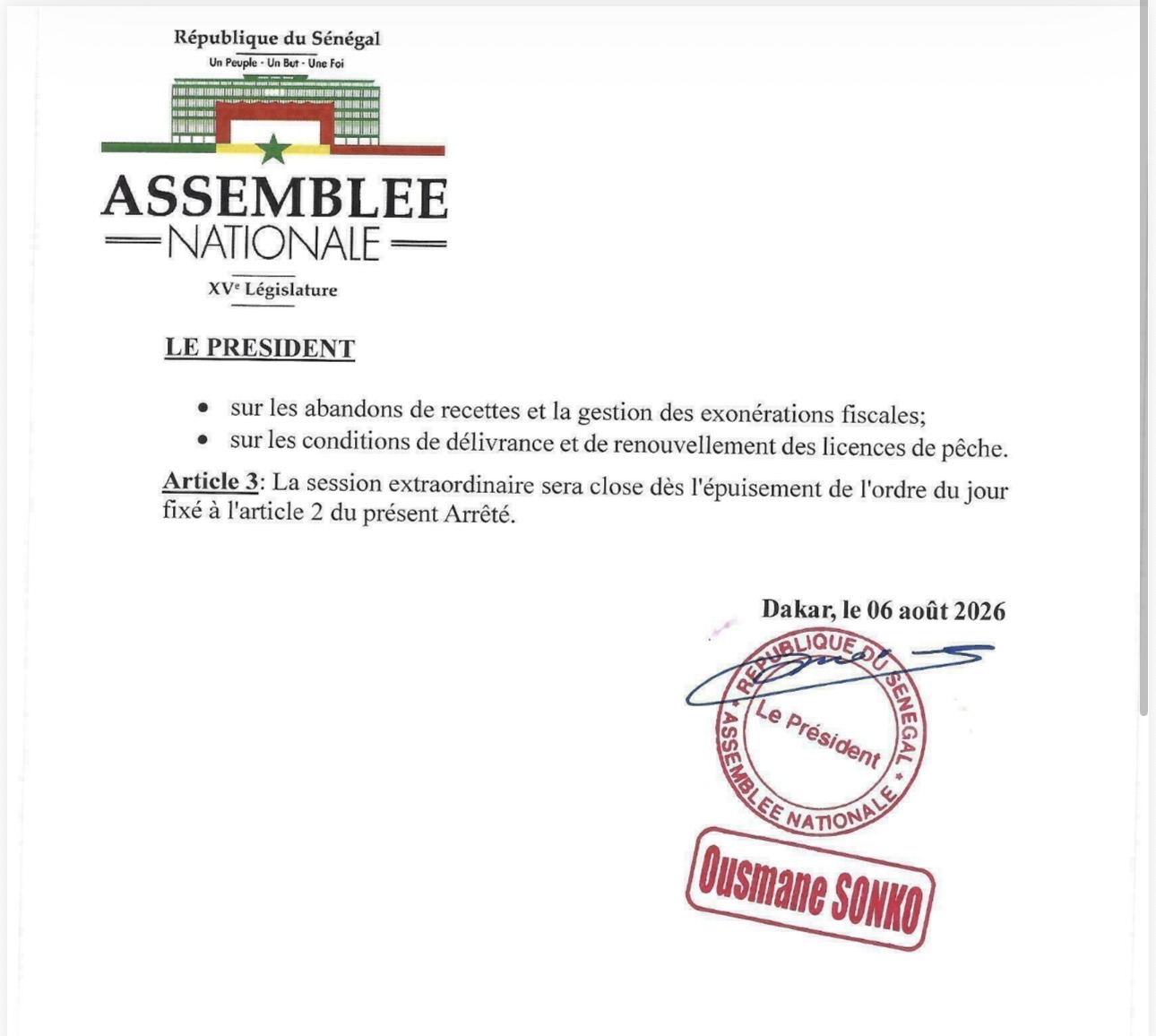 Assemblée nationale: Ousmane Sonko convoque les députés en session extraordinaire le 10 août 2026