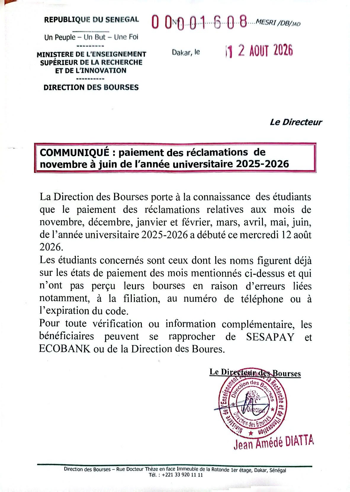 La Direction des Bourses lance le paiement des réclamations pour 8 mois de bourses universitaires