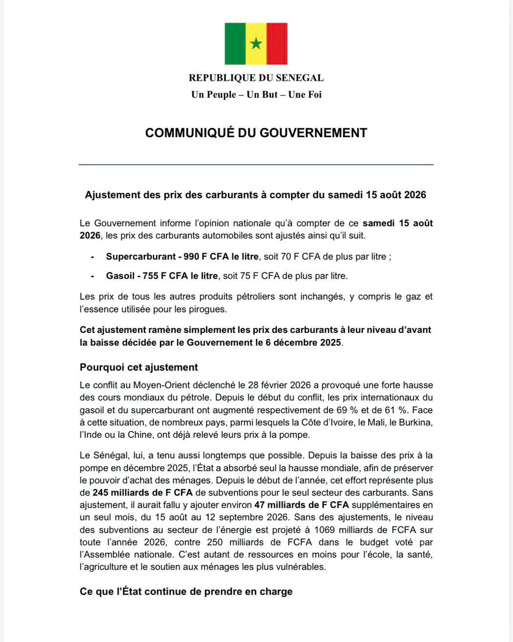 Hausse des prix du carburant à la pompe dès ce 15 août 2026 au Sénégal, l'Exécutif invoque la flambée des cours mondiaux