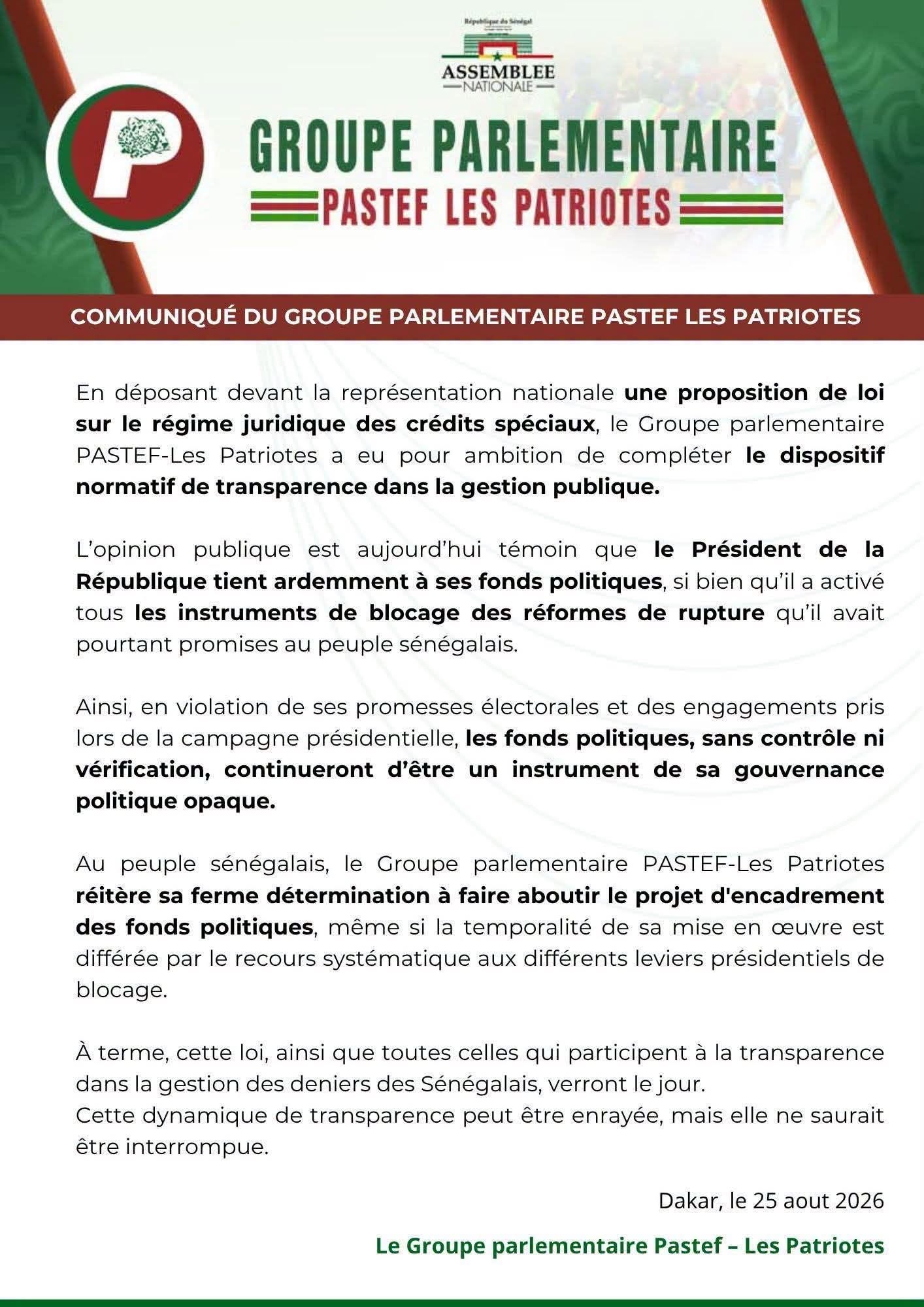 Fonds politiques : Pastef accuse le Président Diomaye Faye de « bloquer » la réforme sur les crédits spéciaux
