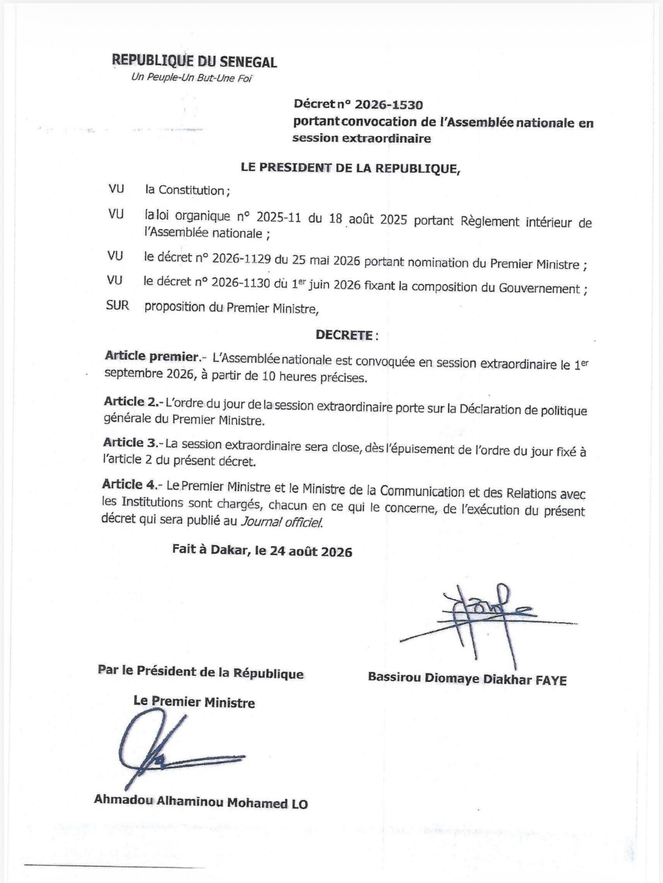Assemblée nationale: le président Faye convoque une session extraordinaire pour la Déclaration de politique générale