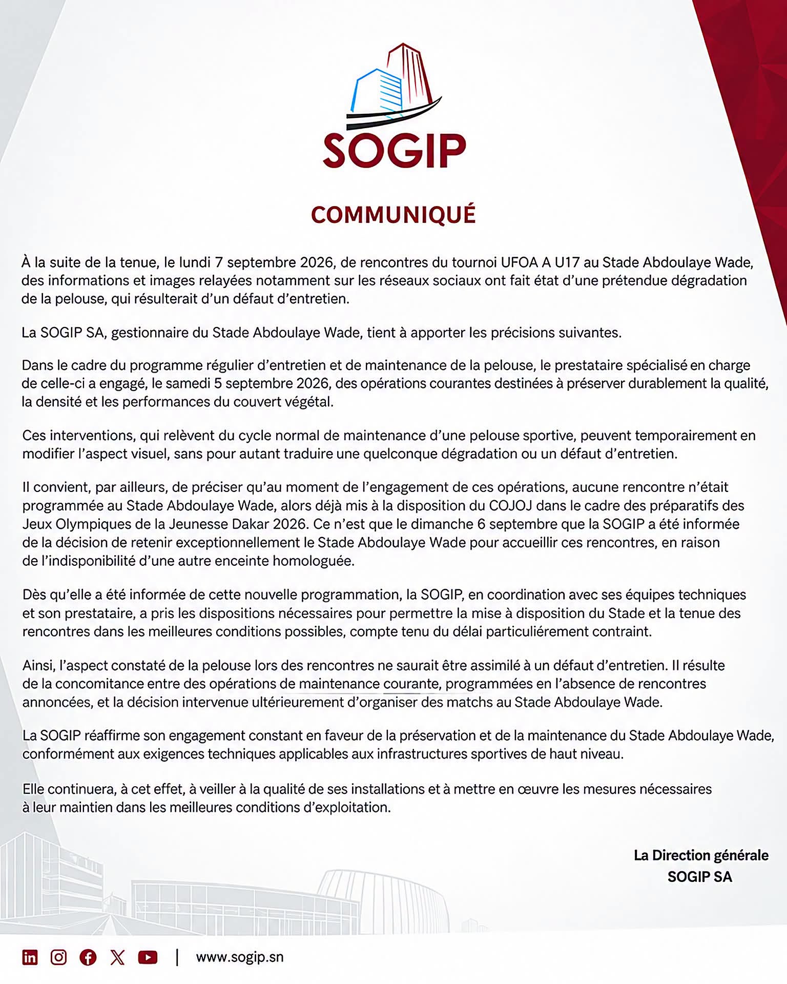 Stade Abdoulaye Wade : La SOGIP SA dément toute dégradation de la pelouse et précise le calendrier des travaux