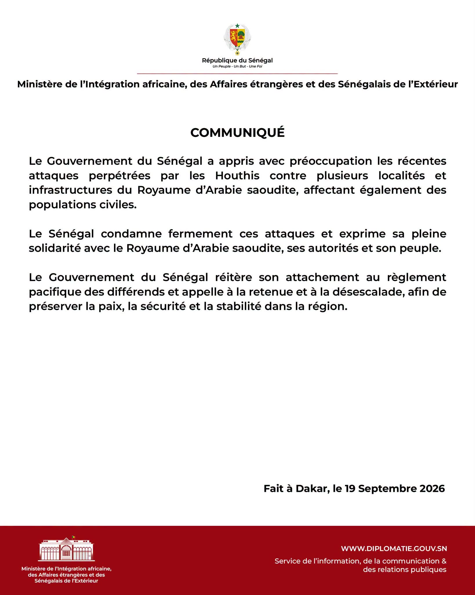 Diplomatie et relations internationales: Le Sénégal condamne les attaques des Houthis contre l'Arabie saoudite et appelle à la désescalade