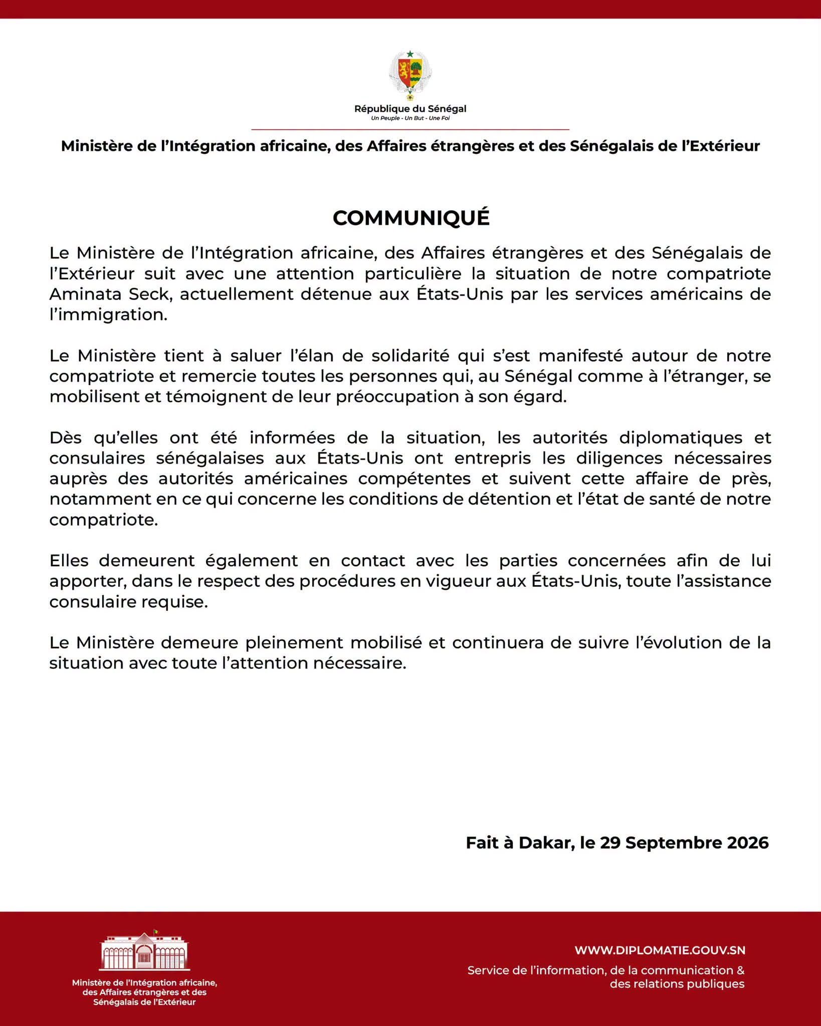 Aminata Seck détenue aux États-Unis : le Sénégal annonce un suivi consulaire