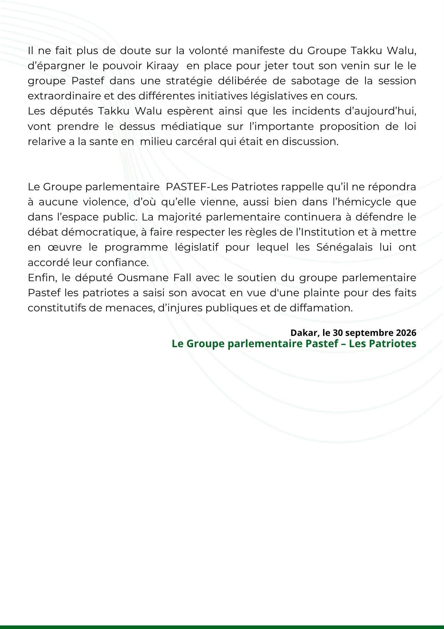 Le Groupe PASTEF-Les Patriotes condamne les provocations lors de la séance plénière du 30 septembre 2026