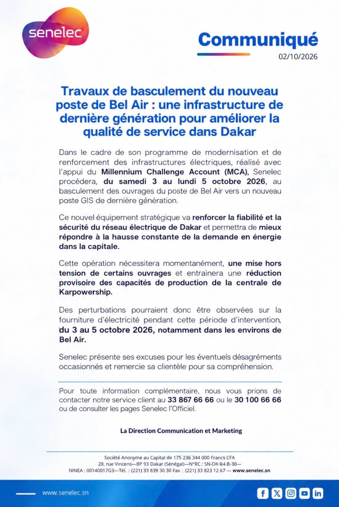 Senelec annonce des travaux de basculement du nouveau poste de Bel Air et de possibles perturbations du réseau