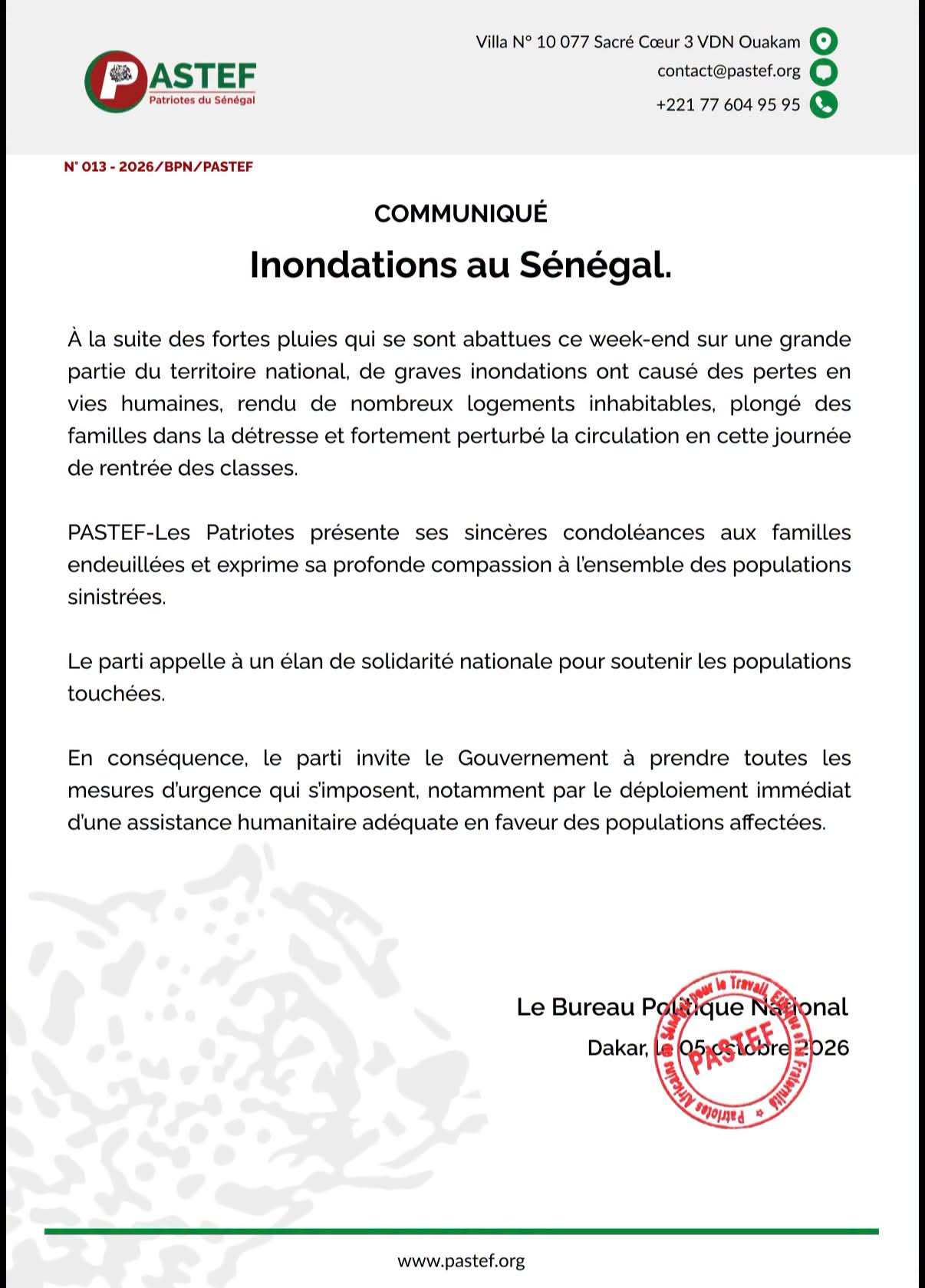 Inondations au Sénégal : Pastef appelle à une mobilisation nationale en faveur des populations sinistrées