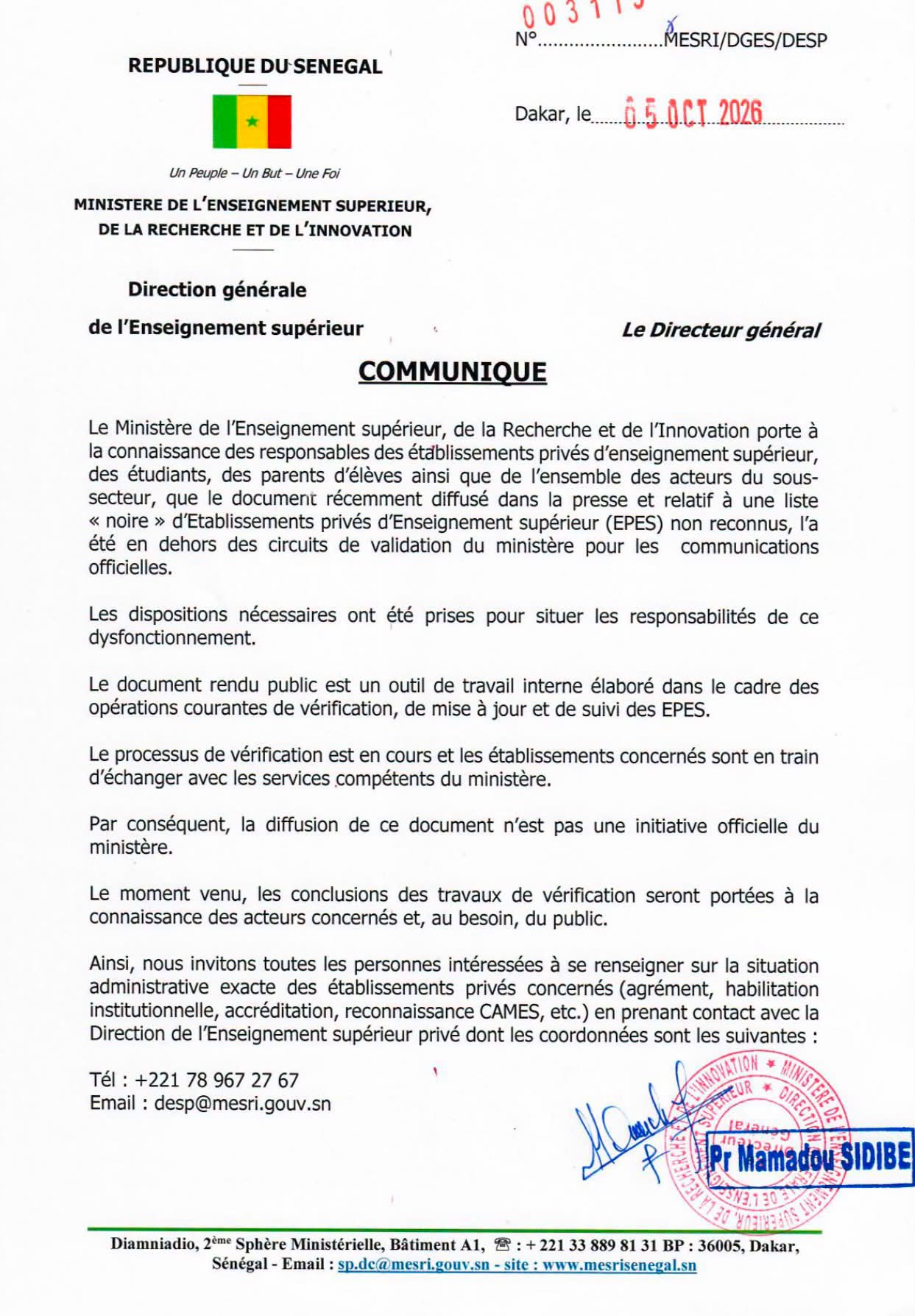 Enseignement supérieur : le MESRI dément le caractère officiel de la liste des établissements privés « non reconnus »