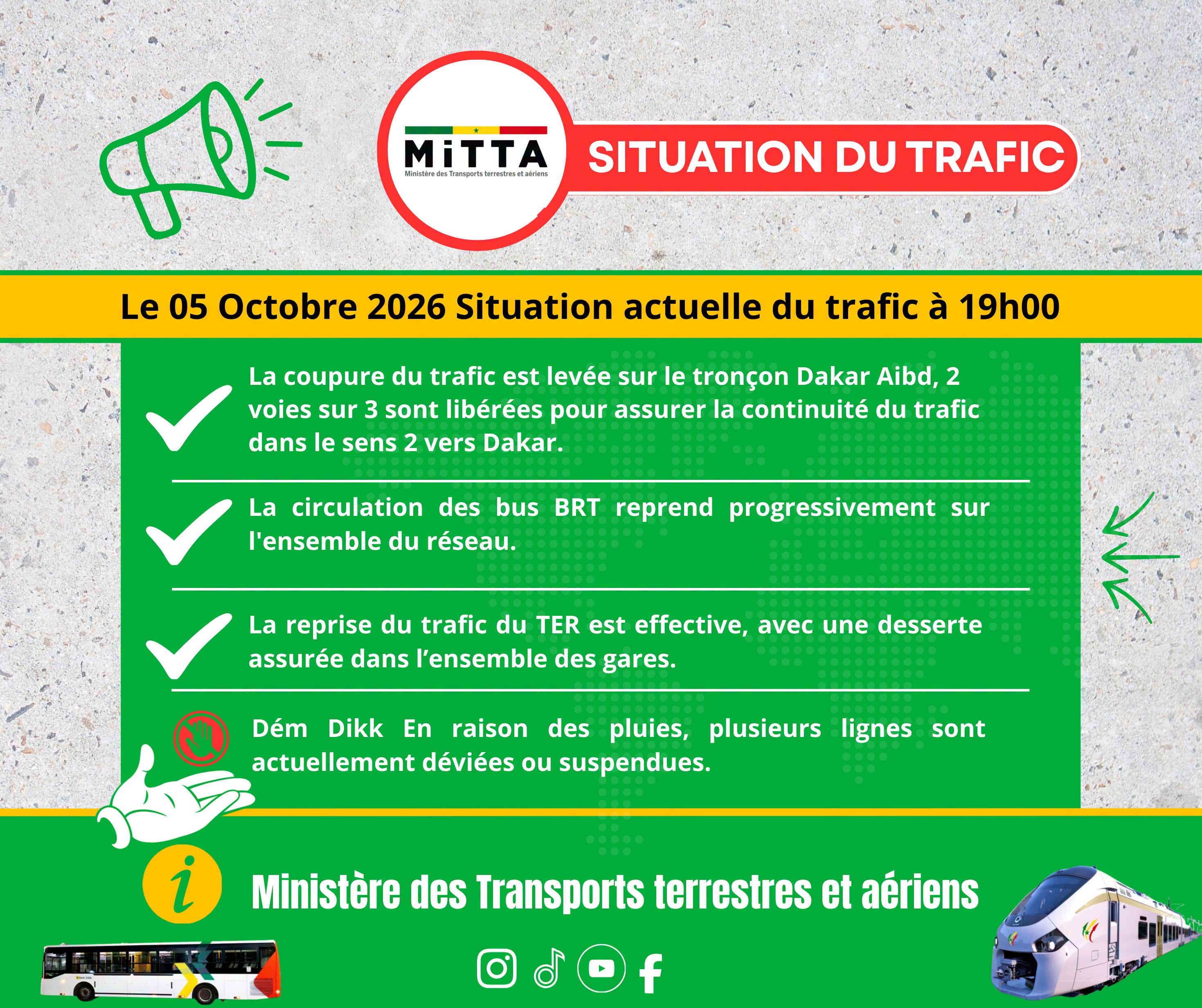 Mobilité urbaine : Reprise progressive du trafic sur les réseaux TER, BRT et autoroutier à Dakar à la suite des intempéries