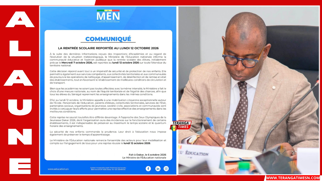 Sénégal : la rentrée scolaire reportée au lundi 12 octobre 2026 (Communiqué)