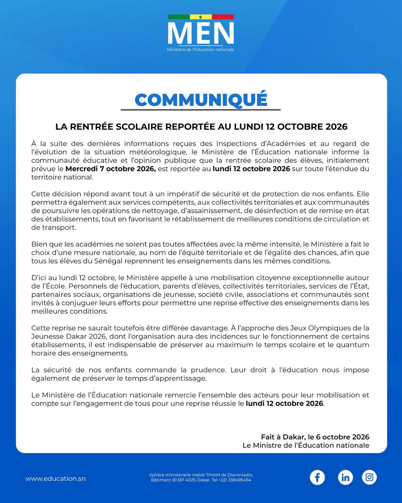 Sénégal : la rentrée scolaire reportée au lundi 12 octobre 2026 (Communiqué)