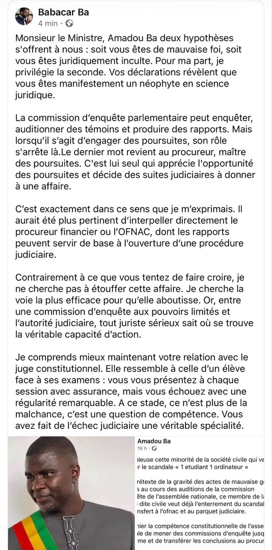 Affaire « Un étudiant, un ordinateur »: Babacar Ba du Forum du Justiciable tacle le député Amadou Ba sur les prérogatives des commissions d’enquête