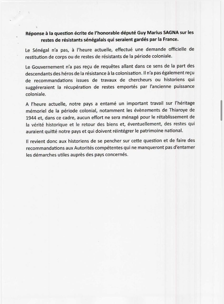 Restitution des crânes de résistants sénégalais : le gouvernement reconnaît n’avoir engagé aucune demande officielle auprès de la France