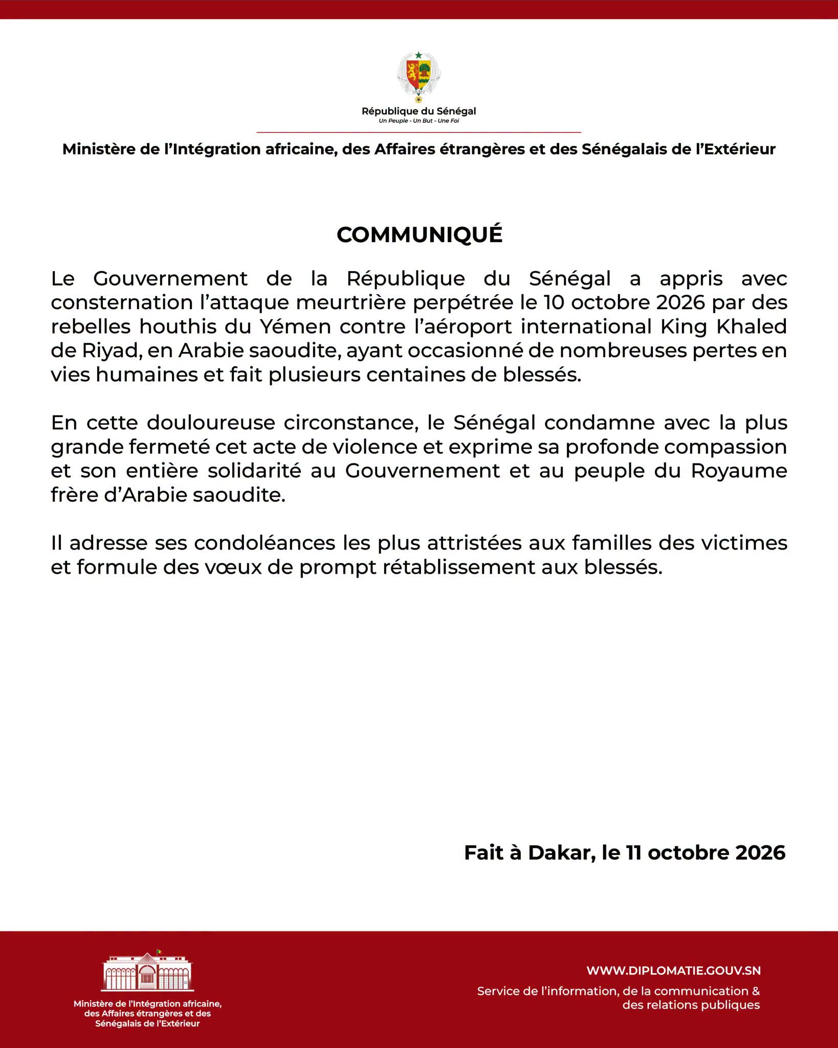Diplomatie : Le Sénégal condamne l'attaque contre l'aéroport de Riyad et exprime sa solidarité avec l'Arabie saoudite