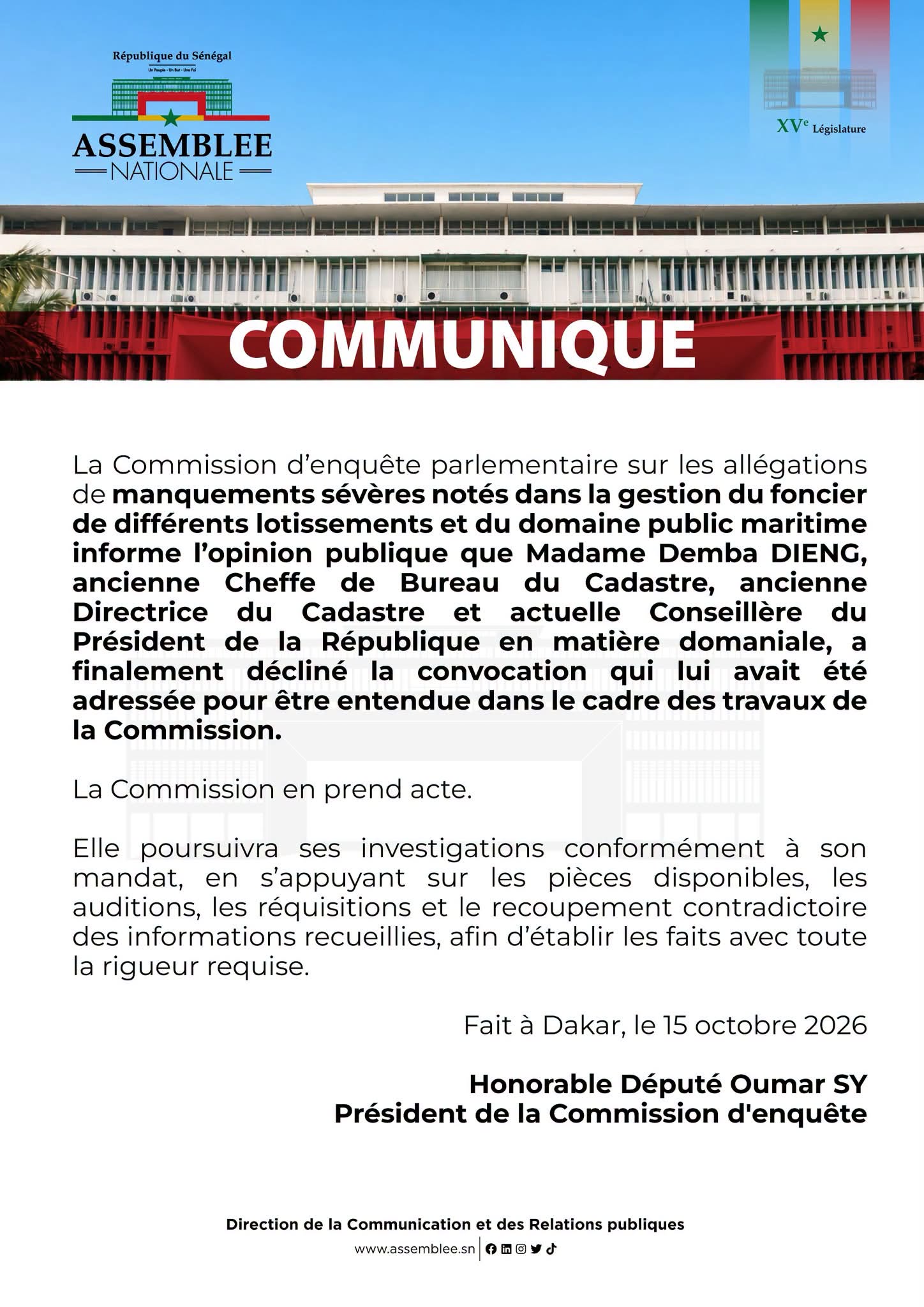 Gestion foncière et domaine public maritime: Madame Demba Dieng décline sa convocation devant la commission d'enquête parlementaire