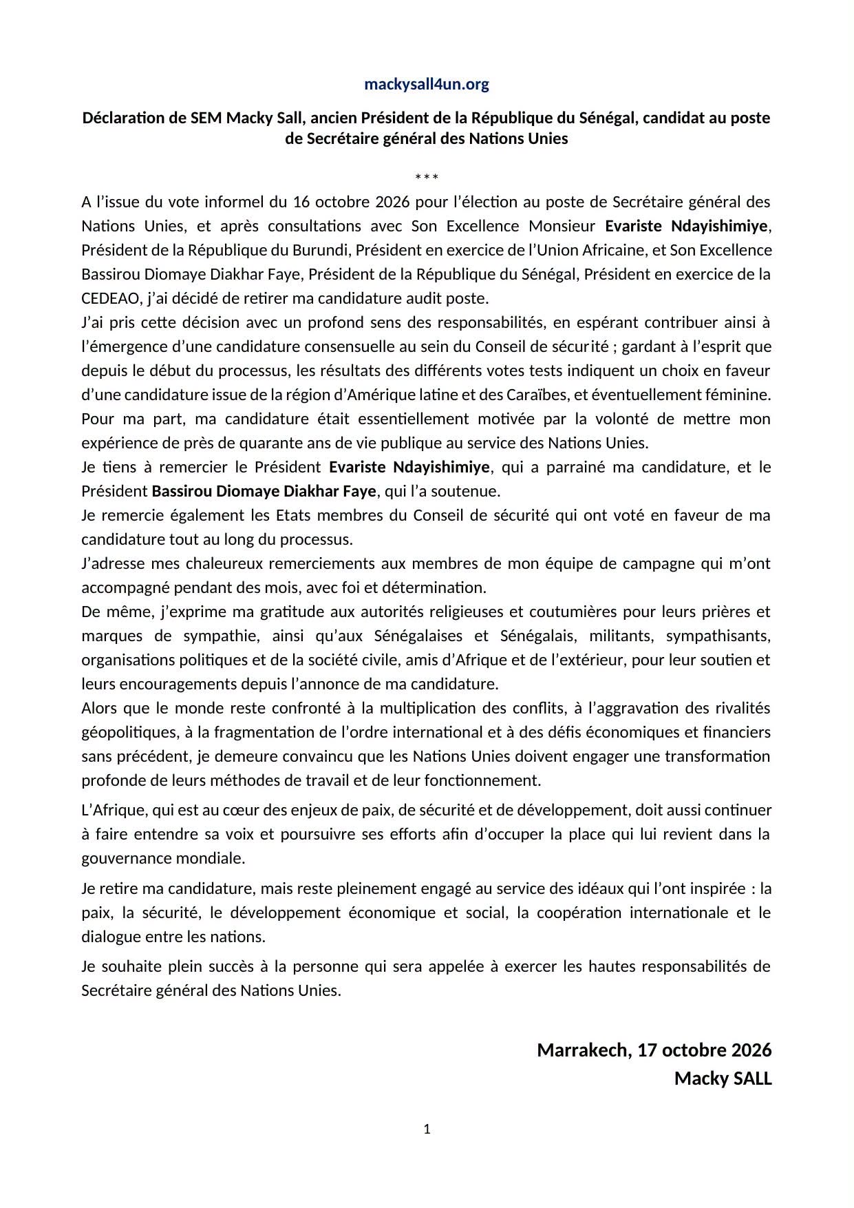 Élection du Secrétaire général de l'ONU: Macky Sall annonce le retrait officiel de sa candidature