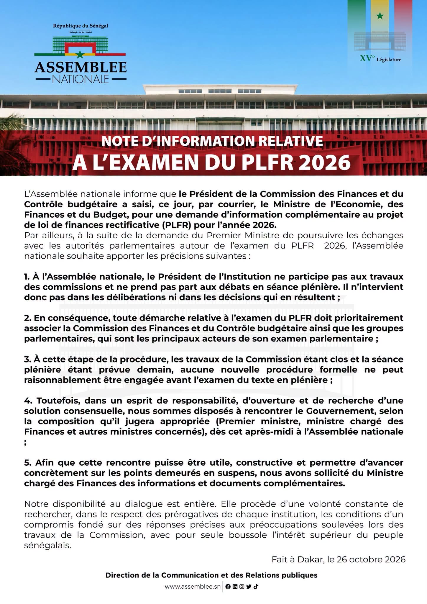 PLFR 2026 au Sénégal: l’Assemblée nationale réclame des informations complémentaires avant la plénière