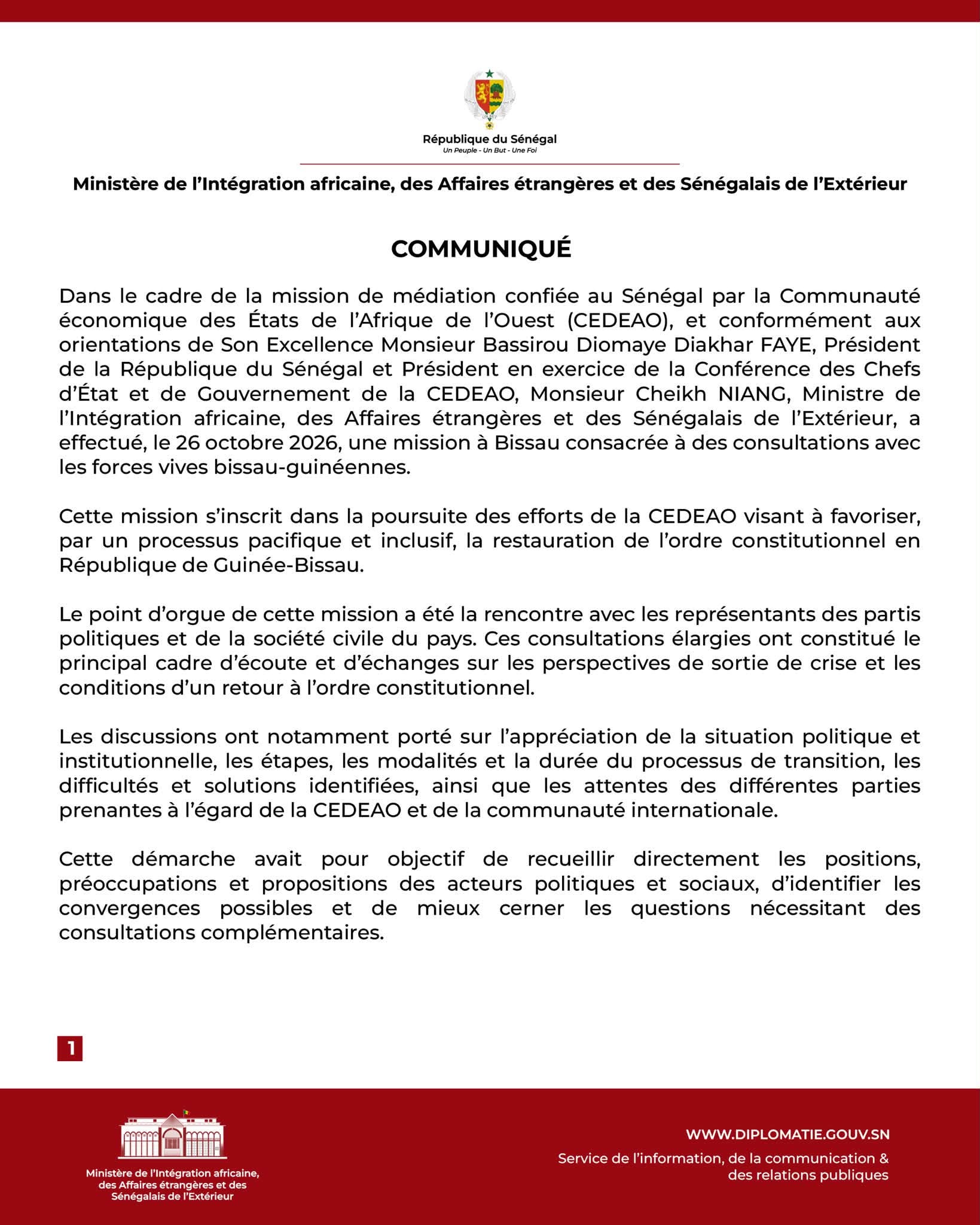 Diplomatie et médiation sous-régionale: Cheikh Niang en mission de concertation de la CEDEAO à Bissau