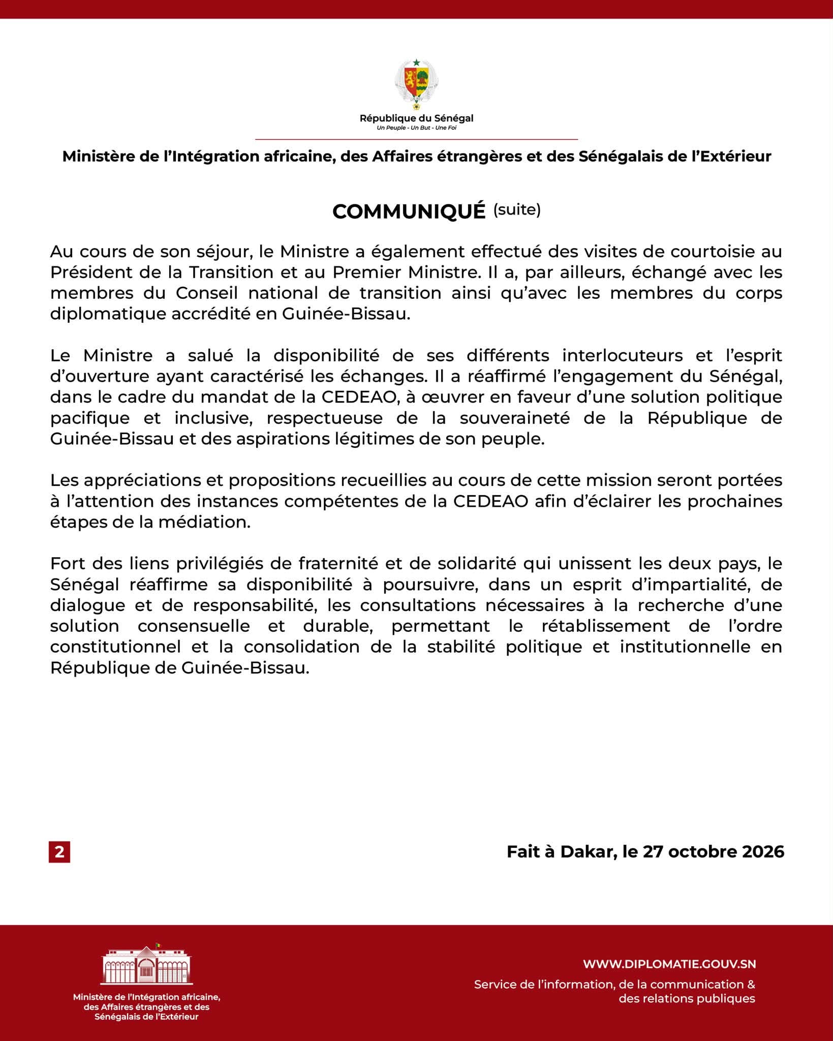 Diplomatie et médiation sous-régionale: Cheikh Niang en mission de concertation de la CEDEAO à Bissau