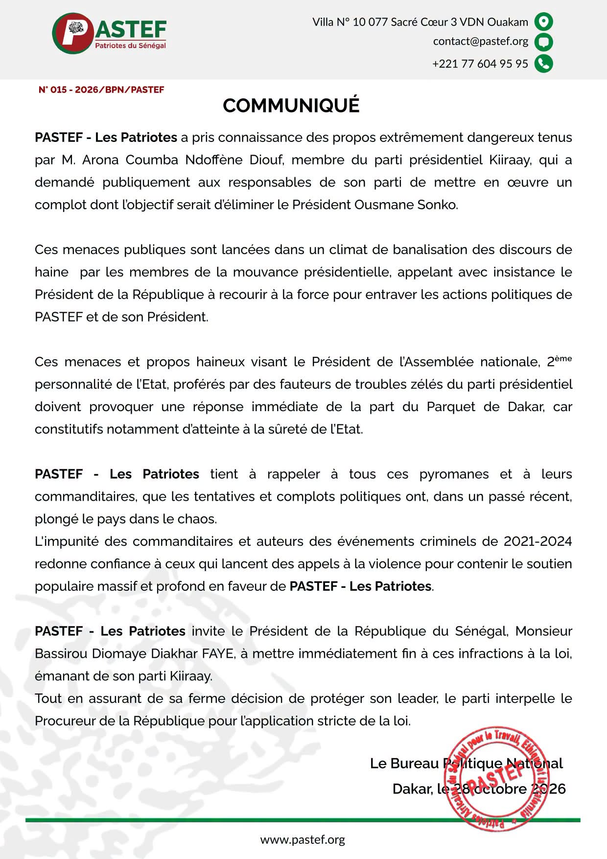 Menaces présumées contre Ousmane Sonko: le PASTEF appelle à une réaction du parquet de Dakar