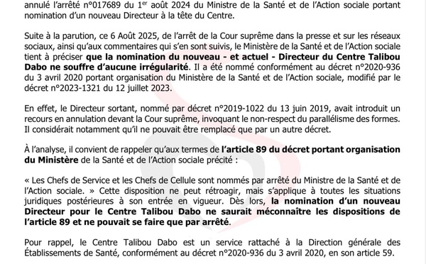 Note d’information : Arrêt de la Cour suprême portant annulation de la nomination du Directeur du Centre Talibou Dabo.