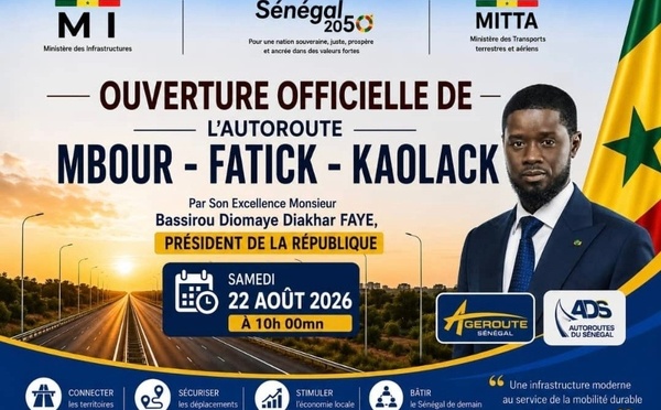 Autoroute Mbour–Fatick–Kaolack: Ouverture définitive ce samedi 22 août 2026