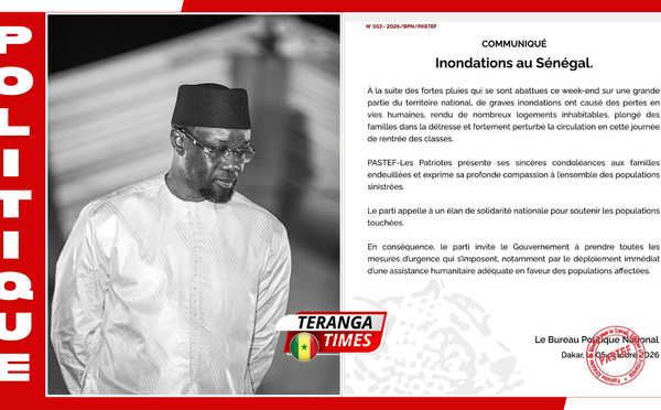 Inondations au Sénégal : Pastef appelle à une mobilisation nationale en faveur des populations sinistrées